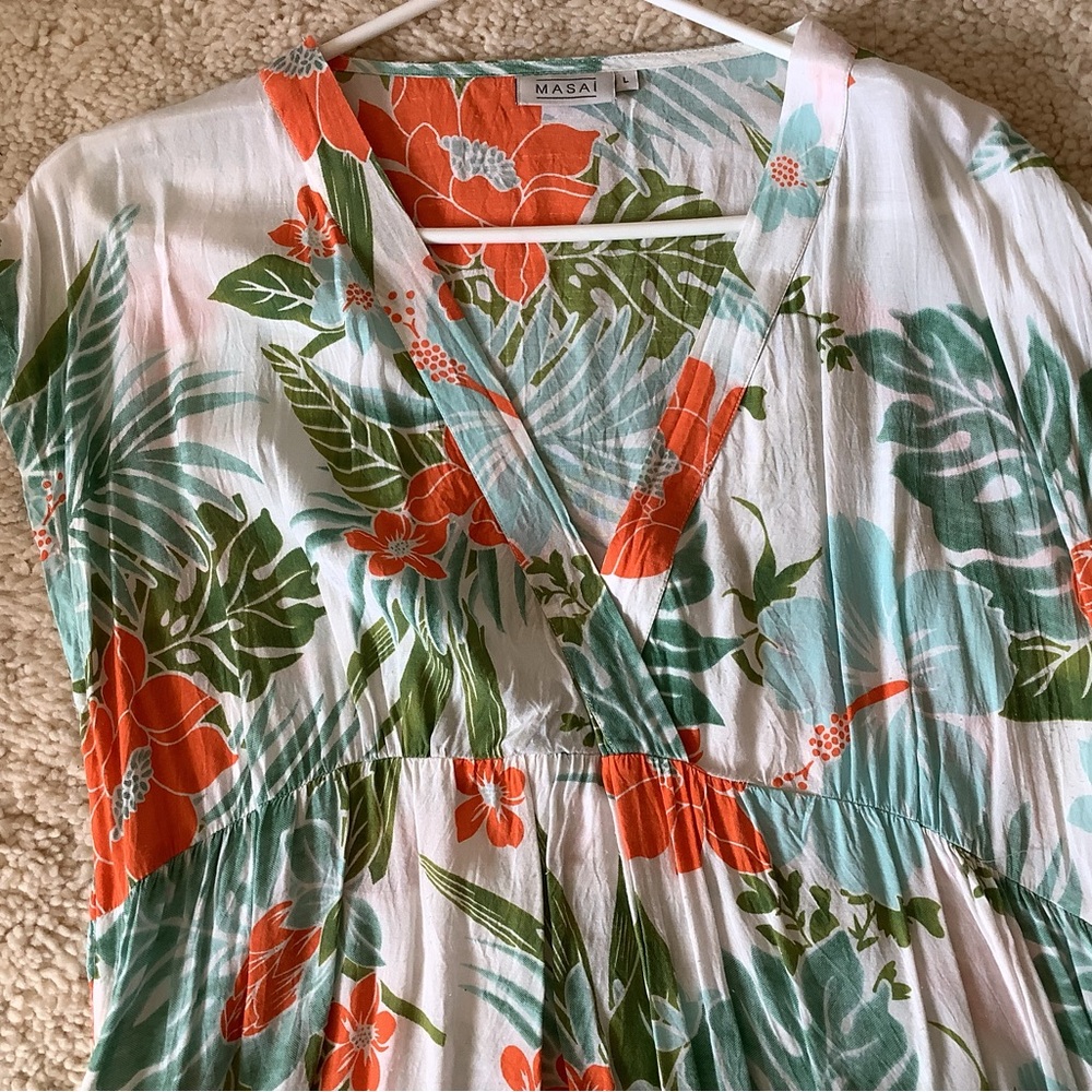 Masai Floral Couture Maxi Dress sz L Blouson top, V neck, Cool, Light, Summer